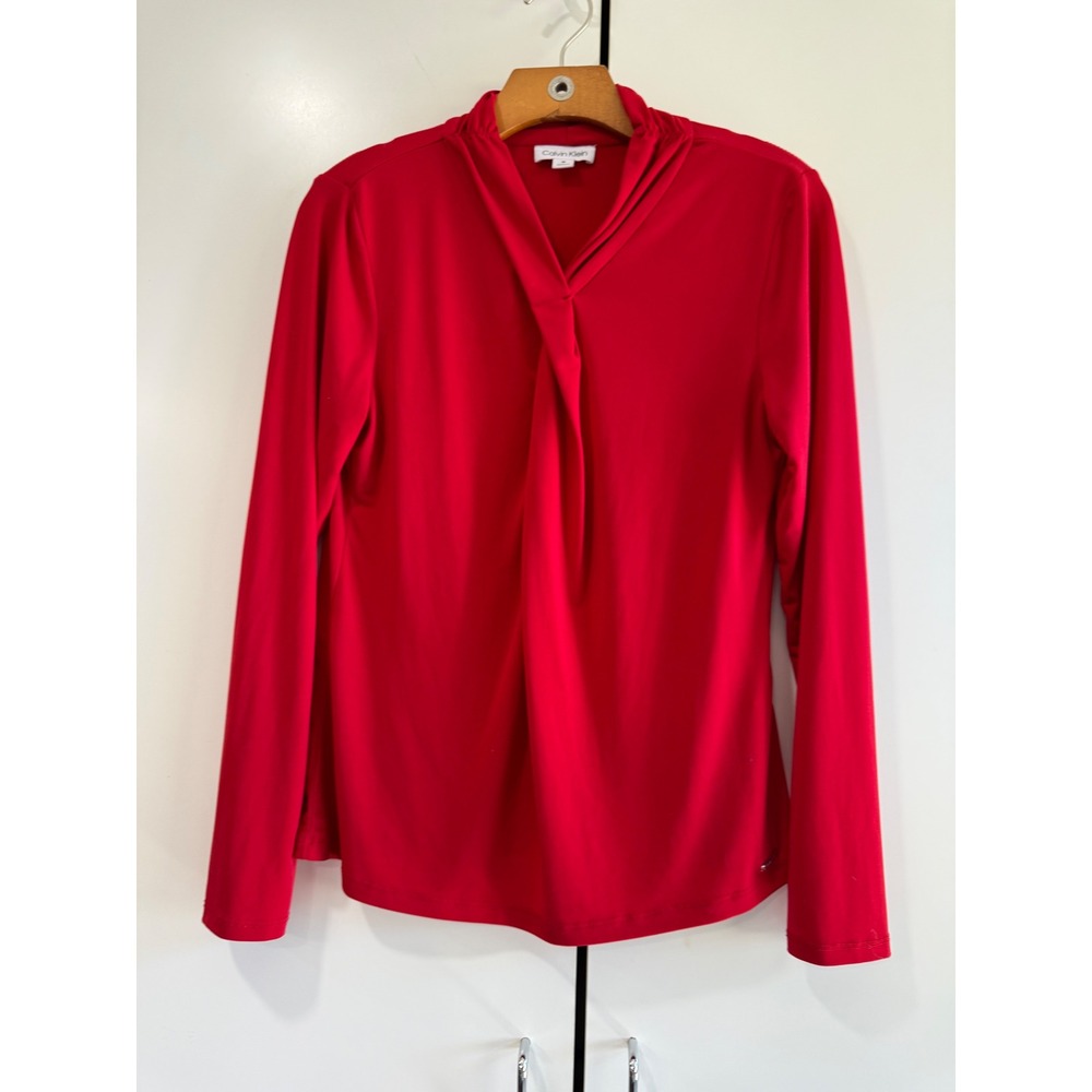 Calvin Klein Womens Red Pleated V-Neck Long Sleeve Draped Jersey Blouse Size M